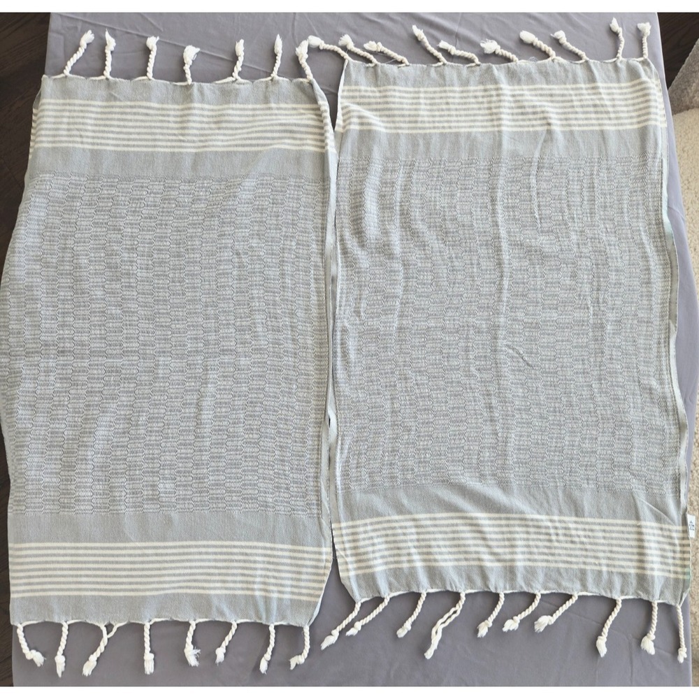 Tofino Towel Co. White Stripe 2-piece set Light Grey Tassels Quiet Lux Cottage